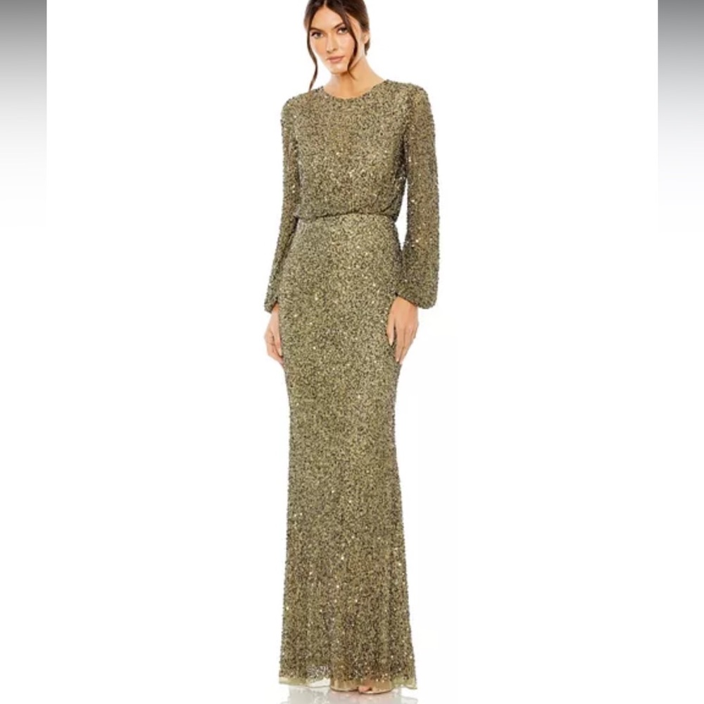 Mac Duggal Sparkling Long Sleeve Olive Green Gown Dress - Picture 3 of 16